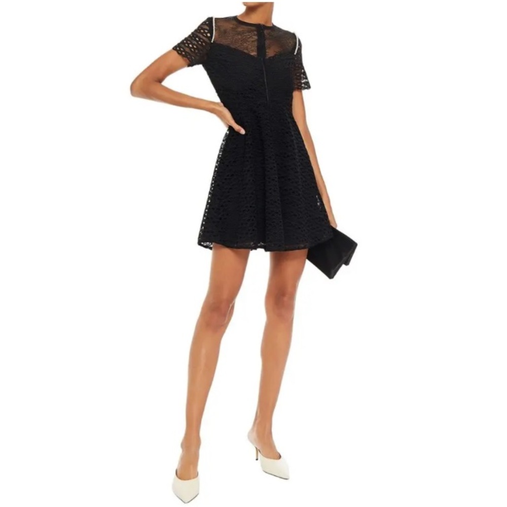 Sandro Dente Embellished Paneled Lace Mini Dress XS Black